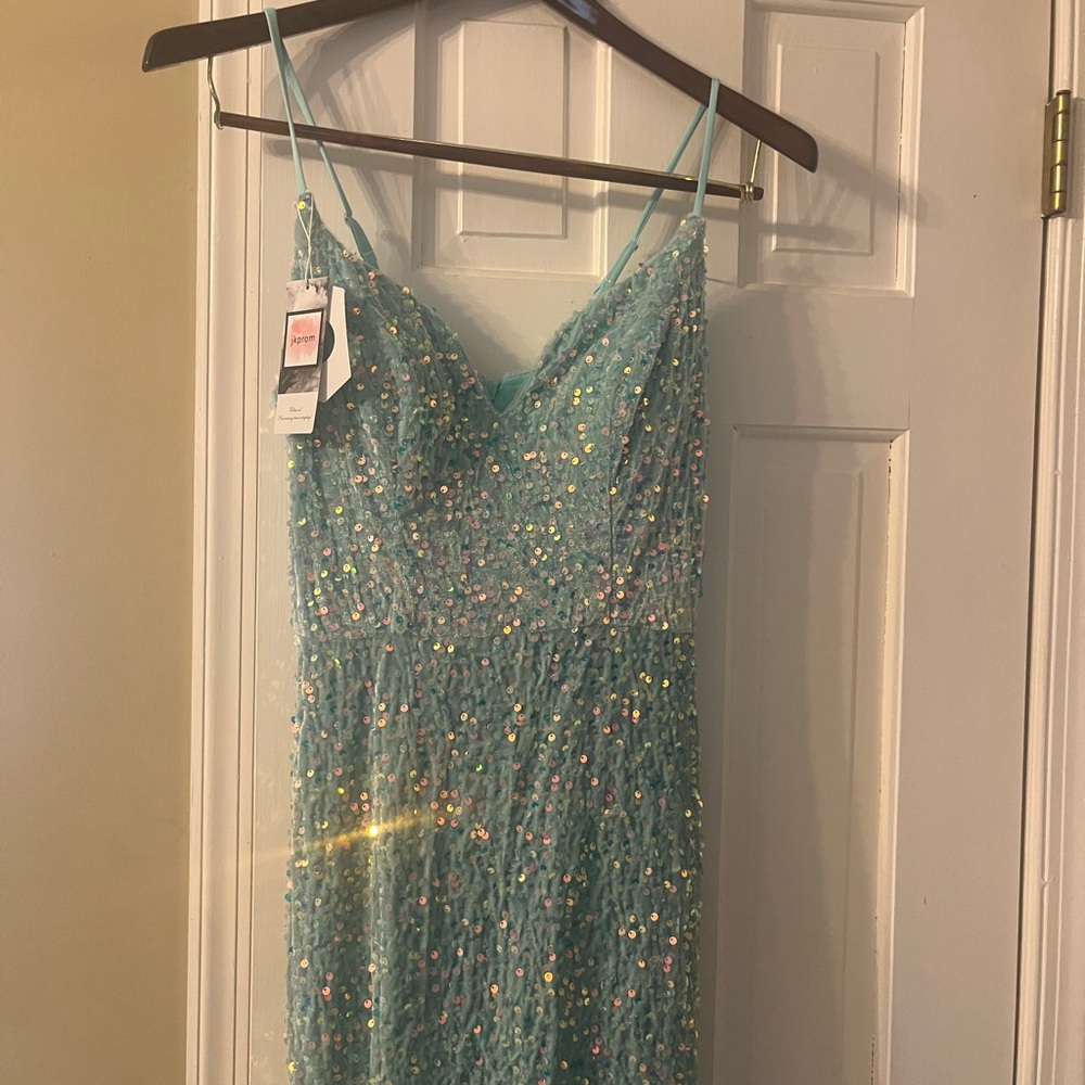 Blueish Green Sparkly Prom Dress - Picture 2 of 8